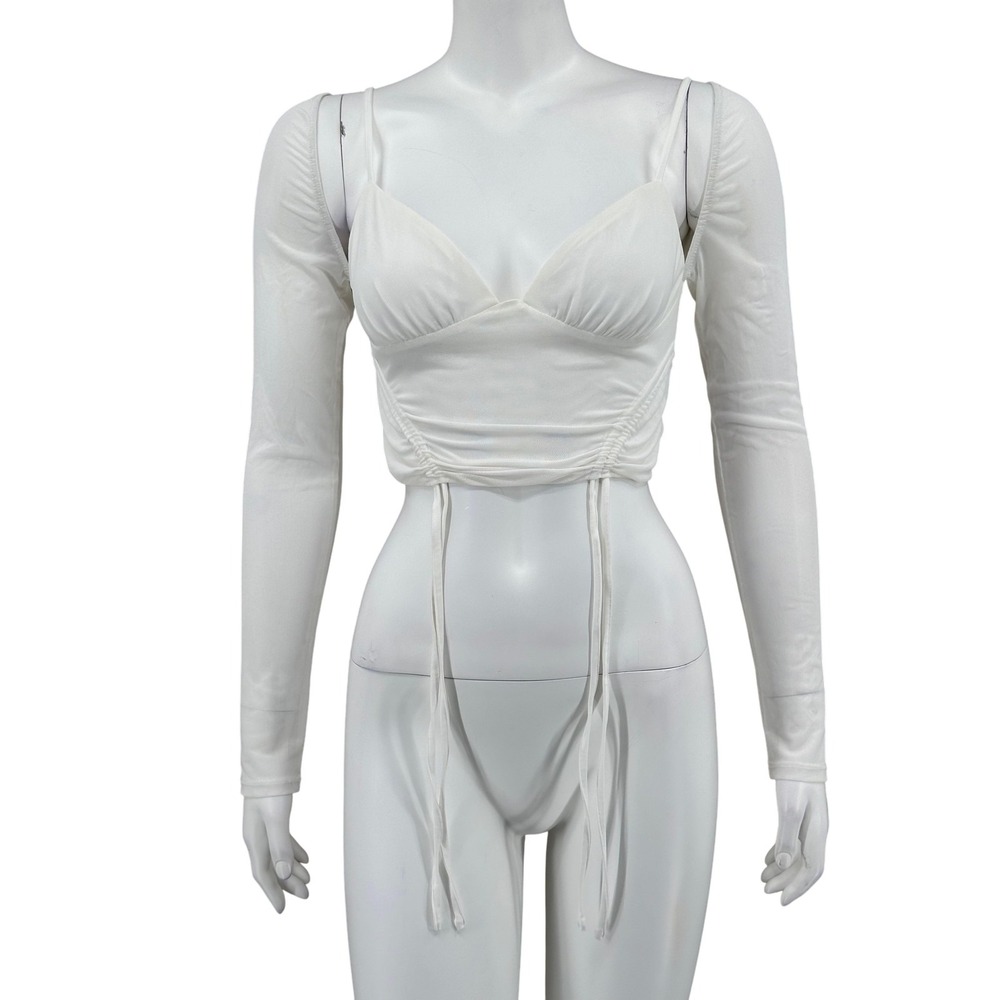 I AM GIA Top Women Medium White Asteria Mesh Long Sleeve Ruched Crop Coquette